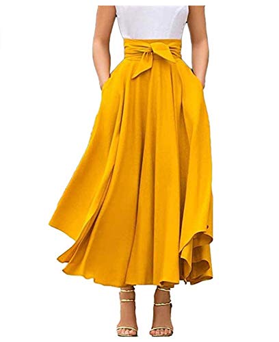 Geagodelia Damen Faltenrock Elegant Vintage Retro Swing Maxi Langer A-line Pleated Rockabilly Rock für Damen Sommer(Gelb, L) von Geagodelia