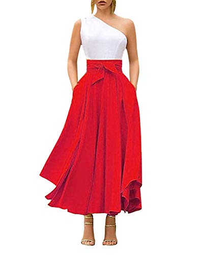 Geagodelia Damen Faltenrock Elegant Vintage Retro Swing Maxi Langer A-line Pleated Rockabilly Rock für Damen Sommer(Rot, S) von Geagodelia