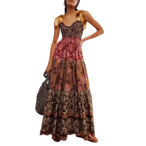Maxikleid Damen Sommer Boho Kleid A-Linie Blumenmuster Elegant Langes Sommerkleid Leicht und Luftig Strandkleid mit Taschen Party Outfit (Braun, L) von Geagodelia