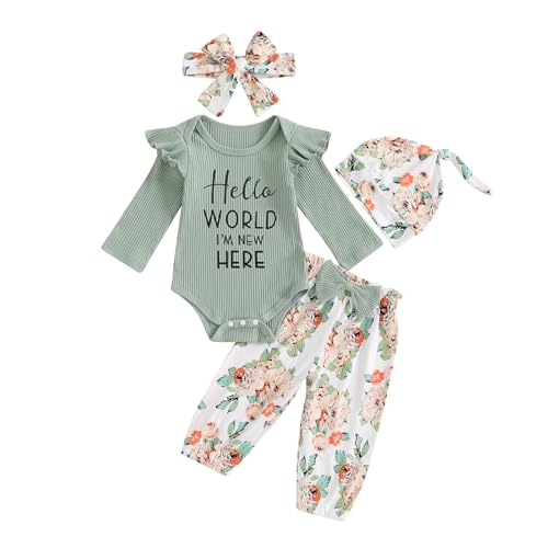 Neugeborene Baby Kleidung Set Mädchen Hello World Im New Here Langarm Body und Hose Bekleidungssets für Baby Mädchen Babykleidung Set Herbst Winter Outfits mit Stirnband Mütze (Grün, 3-6 Monate) von Geagodelia