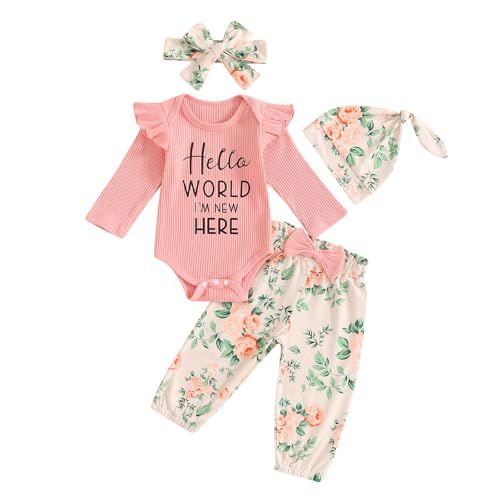Neugeborene Baby Kleidung Set Mädchen Hello World Im New Here Langarm Body und Hose Bekleidungssets für Baby Mädchen Babykleidung Set Herbst Winter Outfits mit Stirnband Mütze (Pink, 3-6 Monate) von Geagodelia