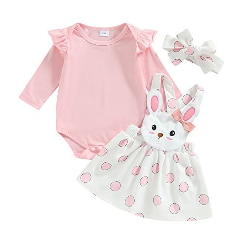 Neugeborenes Baby Mädchen Ostern Outfit Langarm Strampler Bodysuit Kaninchen Hosenträger Rock Stirnband Mein Erstes Ostern Baby Mädchen Kleidung Set Baby Sommer Outfit (A 01-Pink , 9-12 Months ) von Geagodelia