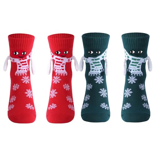 Weihnachtssocken Lustige Magnetische Socken mit Händen Hand in Hand Holding Socks Kleine Weihnachtsgeschenke für Frauen Männer Freundin Freunde Paare Kinder Familie (1 Paar Rot&1 Paar Grün, One Size) von Geagodelia