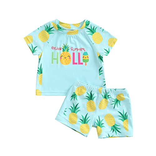 Zweiteiliger Split-Badeanzug für Mädchen, Baby-Kleinkind-Kind-Mädchen-Cartoon-Dinosaurier-Print, Kurzarm-Tops + Shorts (Gelb, 2-3J) von Geagodelia