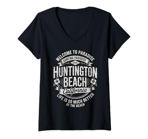 Damen Huntington Beach Surf Paradise im Vintage-Look T-Shirt mit V-Ausschnitt Damen Huntington Beach Surf Paradise im Vintage-Look T-Shirt mit V-Ausschnitt von Gear for Surfing Huntington Beach