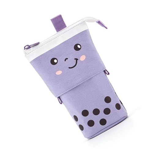 Geardeangloow Stift-Teleskophalter, Milchtee-Etui, hohe Kapazität, aufstellbar, mit Kawaii-Lächeln-Gesicht, Organizer, weibliche Tasche, Reisen, Büro, Lila, violett, Coffee von Geardeangloow