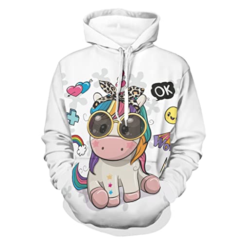 Cartoon Einhorn Unisex Herren Damen Kapuzenpullover Langarm Pullover Hoodie Sweatshirt Kapuzensweat mit Taschen White L von GeauDoup