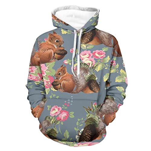 GeauDoup Eichhörnchen Blumen Damen Herren Kapuzenpullover Langarm Pullover Hooded Sweatshirt Kapuzensweatshirt mit Taschen Black L von GeauDoup