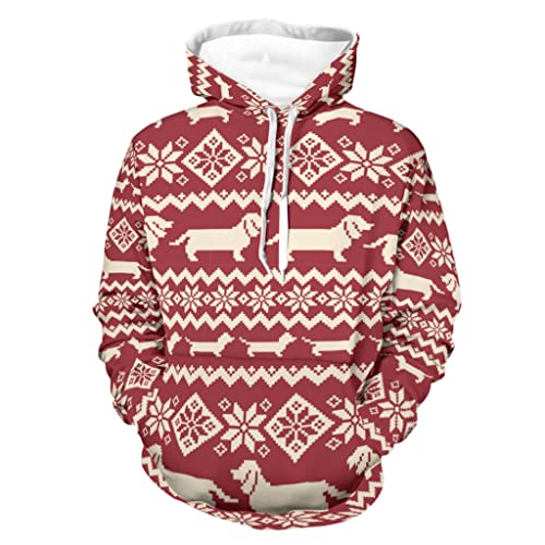 GeauDoup Weihnachten Dackel Damen Herren Kapuzenpullover Langarm Pullover Hooded Sweatshirt Kapuzensweat mit Taschen White 3XL von GeauDoup