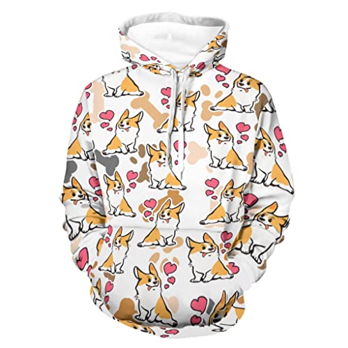 GeauDoup Welsh Corgi Herz Damen Herren Kapuzenpullover Langarm Pullover Hooded Sweatshirt Kapuzensweatjacke mit Taschen Multicolor 3XL von GeauDoup