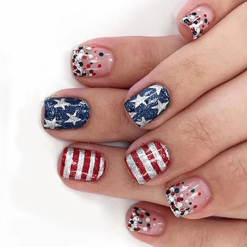 24 Pcs Kurze Quadratische Acrylnägel Independence Day Press Auf Glänzende Stern Rote Linien Für Frauen Mädchen Vollbedeckung Falsch Nagel 24 Pcs Kurze Quadratische Acrylnägel Independence Day Press Auf Glänzende Stern Rote Linien Für Frauen Mädchen Vollbedeckung Falsch Nagel von Geavonyg