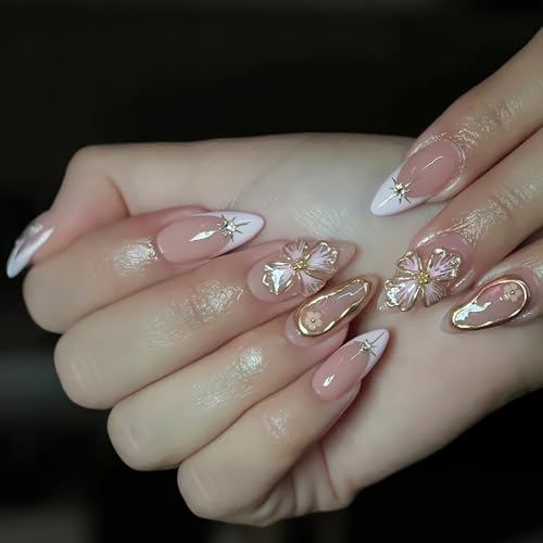 24 Stück Mandelpresse Auf Nägeln Mit Französischer Spitze Und Blumendesign Goldstreifen Easy Stick Auf Nägeln Für Frauen Und Mädchen Maniküre Set von Geavonyg