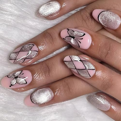 Cats Eye Press Auf Nägeln Moderner Kurzer Mandelstab Auf Glänzendem Glitzer Leichter Salon Maniküre Für Frauen Mädchen Französische Nagel von Geavonyg