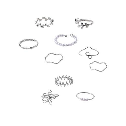 Geavonyg 10pcs Stilvolle Hohle Blumenblatt Vine Faux Pearls Perlenringe Trendy Finger Accessoires Mode Party Wagen Schmuckmädchen Moderinge von Geavonyg