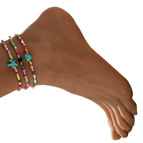 Geavonyg 3 Stücke Verstellbare Elastische Fußkettchen Mit Türkisfarbenen Seesterne Harz Perlen Für Frauen Reisen Schmuck Verstellbare Knöchelketten von Geavonyg