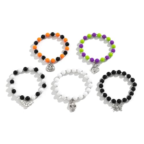Geavonyg 5pieces Kürbisschädel Fledermaus Armbänder Für Halloween Schmuck Perlen Handchain Personalisiertes Armband Set Für Frauen Mädchen Teen Anhänger Armband von Geavonyg