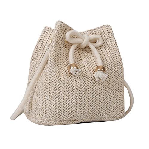 Geavonyg Frauen Bucket Umhängetasche Weibliche Handgewebte Kreuzkörper Süßer Kordelmessener Alleinfangstrow Strand Handbag Frauen Stroh Schulter Handgewebter Eimer Crossbody Casual Beach von Geavonyg