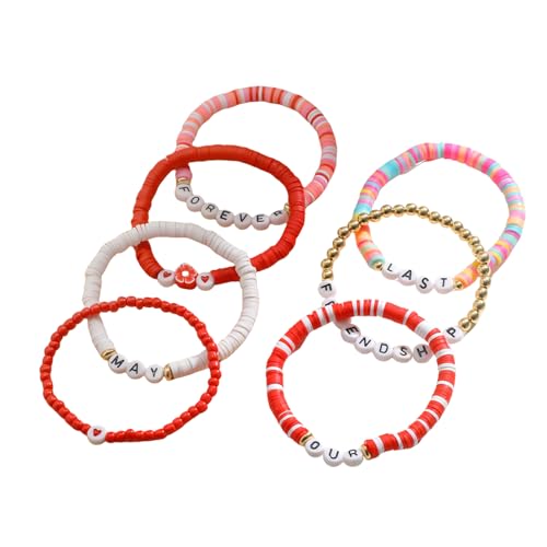 Geavonyg Verspieltes Weiches Ton Armband Mit Liebe Und Erdbeerherz Multifauntal Elastic Perlen Handkette Für Verschiedene Größen Verstellbares Armband von Geavonyg