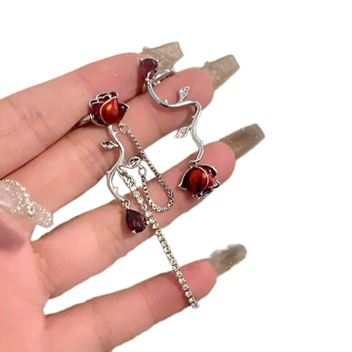 Ohrmanschette Mit Ketten Asymmetrischer Rosenform Ohrringe Stylischer Clip Auf Ohrringen Für Modische Damen Frauen Ohrhörer Juwely Für Frauen Und Mädchen von Geavonyg