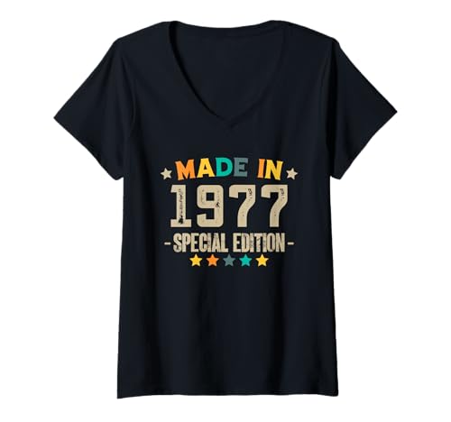 Damen 48 Jahre Jahrgang 1977 48. Geburtstag geboren 1977 T-Shirt mit V-Ausschnitt Damen 48 Jahre Jahrgang 1977 48. Geburtstag geboren 1977 T-Shirt mit V-Ausschnitt von GebGesch 1977 Geburtstag Geschenke