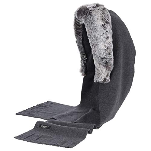 Gebeana Schalhaube Mützenschal Fleece mit Webpelz Damen - Made in Germany Winterschal Fransen Winter Herbst-Winter - One Size dunkelgrau von Gebeana