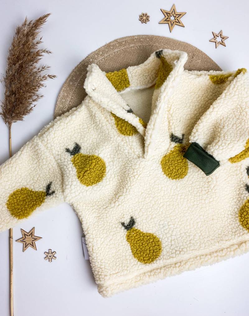 Fleecepullover Birne Retro Motiv Kinder Junge Mädchen Kragen Knöpfe Fleece Warmer Pulli Herbst Winter Pullover Troyer Kuschelig Weich Unisex von Geborgenaeht