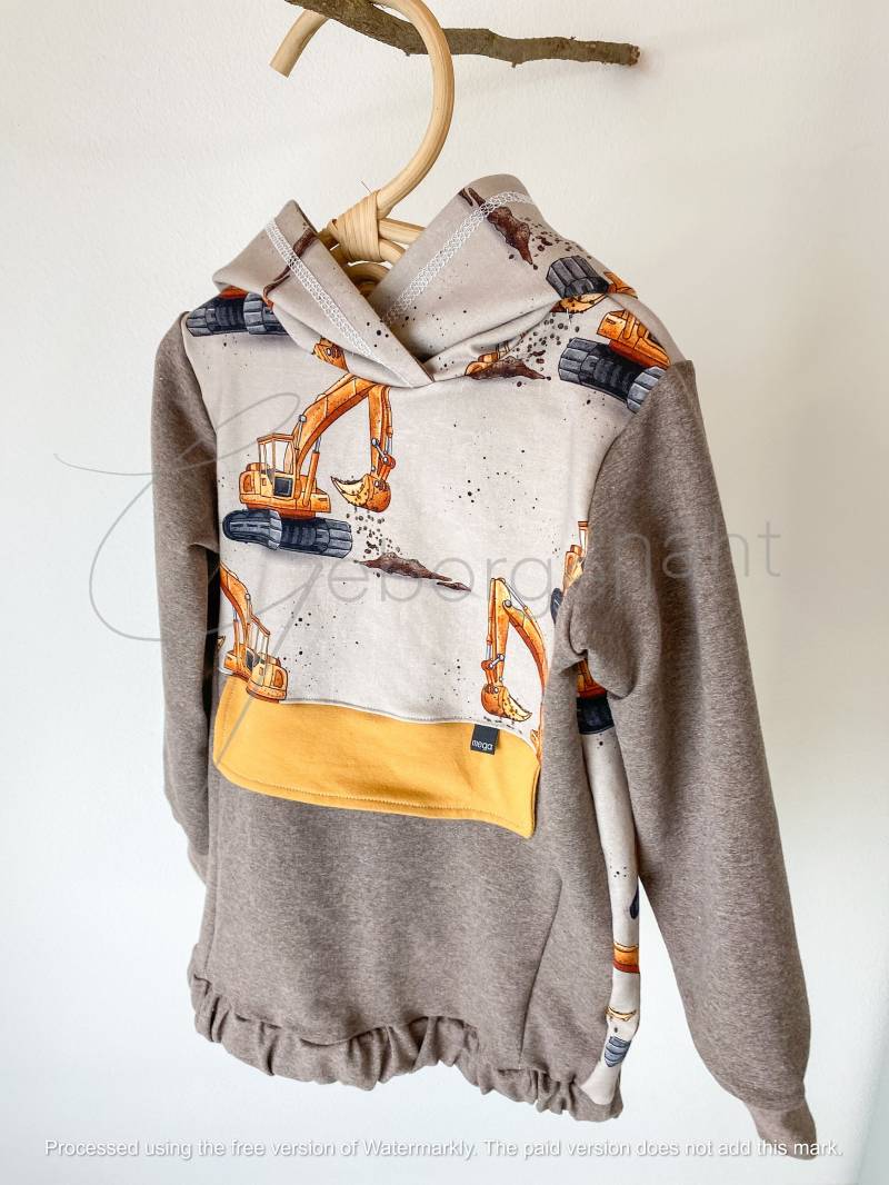 Kapuzenpullover Bagger Baustelle Baumaschine Bio Baumwolle Sweat Sweatshirt Hoody Unisex Jungs Hoodie Pulli Pullover Kapuze Braun Handmade von Geborgenaeht