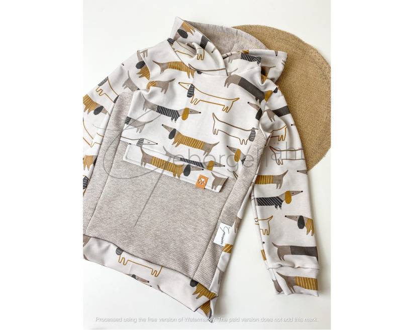 Kapuzenpullover Hund Mit Details Handmade Sweat Hoody Unisex Jungs Mädchen Kinder Dackel Hoodie Pulli Natur Farben Beige Outfit Blau Tasche von Geborgenaeht