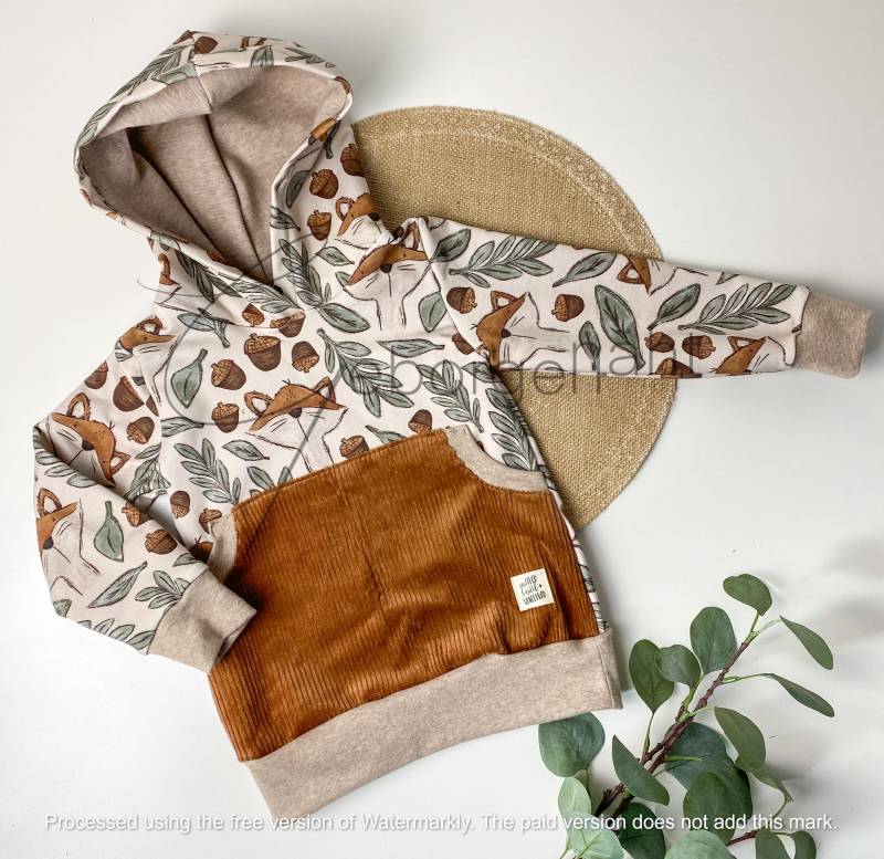 Pullover Fuchs Mit Kapuze Bauchtasche Cord Sweat Hoody Unisex Jungs Mädchen Hoodie Pulli Wald Herbst Handmade Beige Grün Kapuzenpullover von Geborgenaeht