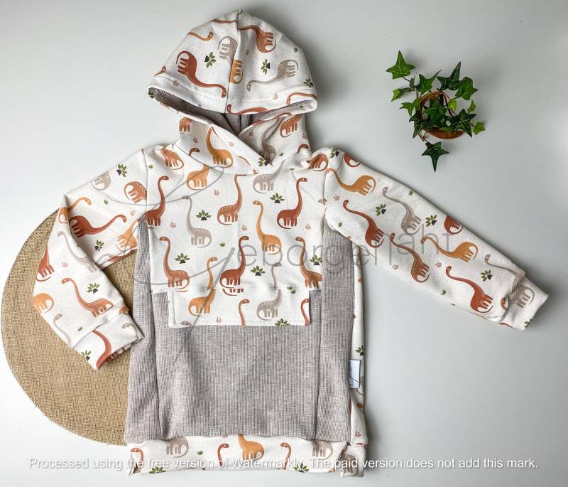 Pullover Mit Kapuze Dinos Dinosaurier Details Handmade Sweat Hoody Unisex Jungs Mädchen Kinder Hoodie Pulli Beige Outfit Sweatshirtl Tasche von Geborgenaeht