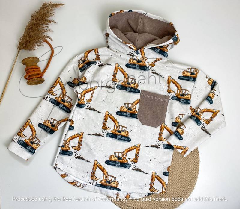 Sweatshirt Bagger Baustelle Kapuzenpullover Baumaschine Bio Baumwolle Sweat Hoody Unisex Jungs Hoodie Pulli Pullover Kapuze Beige Handmade von Geborgenaeht
