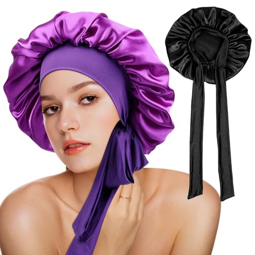 Gebrazy 2 Stück,Satin Haarhaube für Damen - Doppelseitig Seidenhaube Zum Schlafen Schlafhaube Haare Schützen für die Nacht Bonnet für Damen und Mädchen (Schwarz,dunkelviolett) von Gebrazy