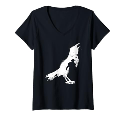 Damen Krähe Halloween schwarzer Rabe mystische Vögel Herbst Dohle T-Shirt mit V-Ausschnitt Damen Krähe Halloween schwarzer Rabe mystische Vögel Herbst Dohle T-Shirt mit V-Ausschnitt von Geburtstag Frauen & Männer Geschenkidee von Herzen
