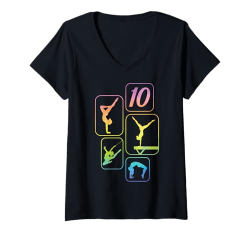 Damen 10. Geburtstag Turnen Gymnastik Mädchen Akrobatik Handstand T-Shirt mit V-Ausschnitt von Geburtstag Geschenk Mädchen Turnen Akrobatik