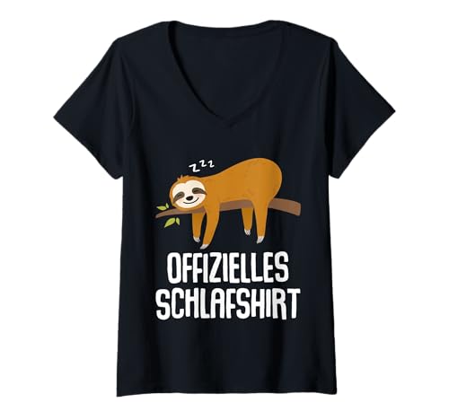 Damen Offizielles Schlafshirt Faultier Nachthemd Pyjama Geschenk T-Shirt mit V-Ausschnitt von Geburtstag Geschenkidee Morgenmuffel Langschläfer