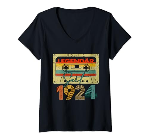Damen Legendär Seit 1924 100. Geburtstag Vintage Cassette T-Shirt mit V-Ausschnitt von Geburtstag Herren und Männer SaiGon