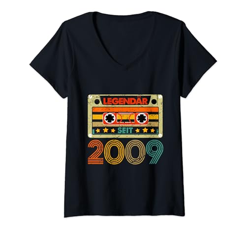 Damen Legendär Seit 2009 15. Geburtstag Vintage Cassette T-Shirt mit V-Ausschnitt von Geburtstag Herren und Männer SaiGon