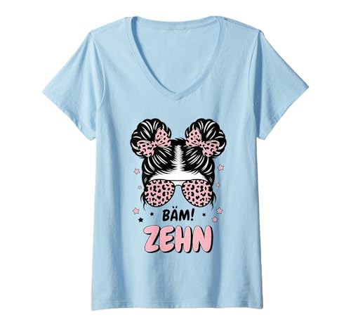 Damen 10th Birthday Girl Messy Bun Bäm! Ten T-Shirt mit V-Ausschnitt von Geburtstag Mädchen 10. Geburtstag