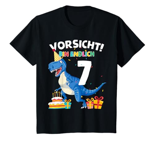 Kinder Vorsicht T-Rex endlich 7 Jahre 7.Geburtstag Dinosaurier Dino T-Shirt von Geburtstag Party & Junge Mädchen Dino Geschenke
