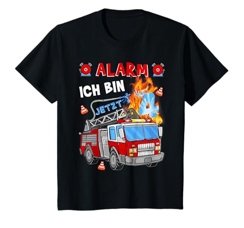 Kinder 4 Geburtstag Junge Mädchen Feuerwehr Geschenke Feuerwehrauto T-Shirt von Geburtstag Tshirt Junge Mädchen Feuerwehrauto