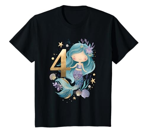Kinder Geburtstag 4 Meerjungfrau Mädchen Vier 4 Jahre alt T-Shirt von Geburtstage Meerjungfrau Party Unterwasserwelt