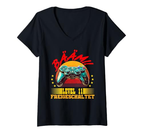 Damen Videospieler BÄÄM Level 11 FREIGESCHALTET Lustiges Kinder T-Shirt mit V-Ausschnitt von Geburtstags Geschenk Gamer Kind Shirt Gaming