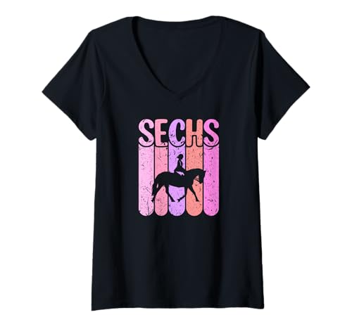 Damen Pferde Geburtstag 6 Jahre Mädchen Reiten T-Shirt mit V-Ausschnitt von Geburtstags Geschenke für Kinder Pferde