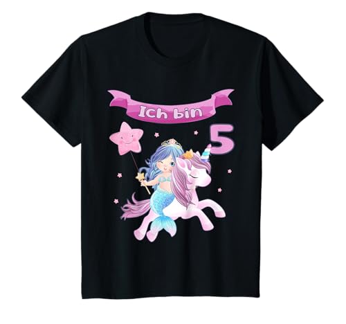 5. Geburtstag – Einhorn und Meerjungfrau Mädchen 5 Jahre T-Shirt von Geburtstagsdeko Luftballon Meerjungfrauenflosse