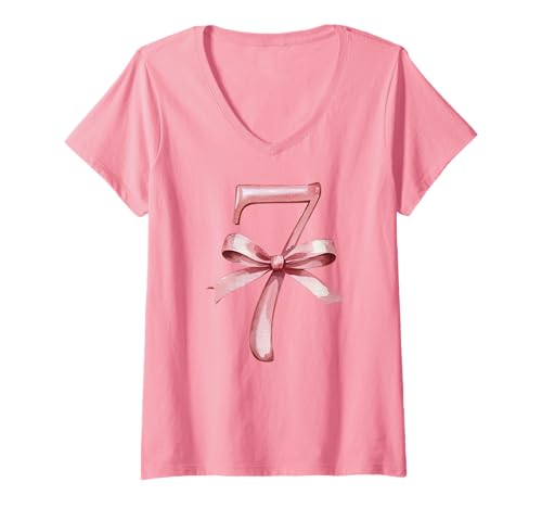 Damen Cute 7. Geburtstag Mädchen Design mit Coquette Schleife T-Shirt mit V-Ausschnitt Damen Cute 7. Geburtstag Mädchen Design mit Coquette Schleife T-Shirt mit V-Ausschnitt von Geburtstagsfreude