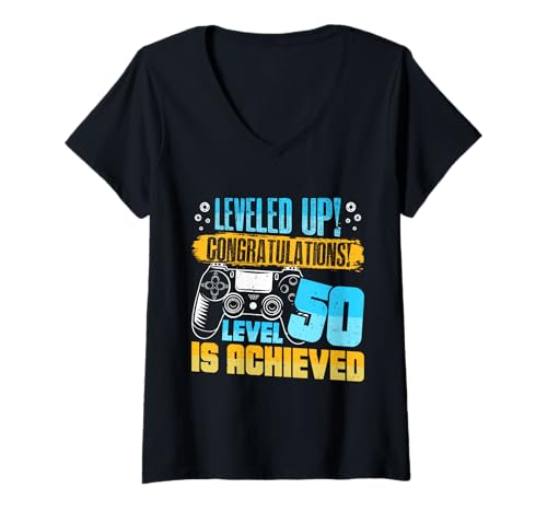 Damen 50. Geburtstag LEVELED UP! LEVEL 50 IS ACHIEVED 50 Jahre T-Shirt mit V-Ausschnitt von Geburtstagsgeschenk 50. Geburtstag Party 50 Jahre