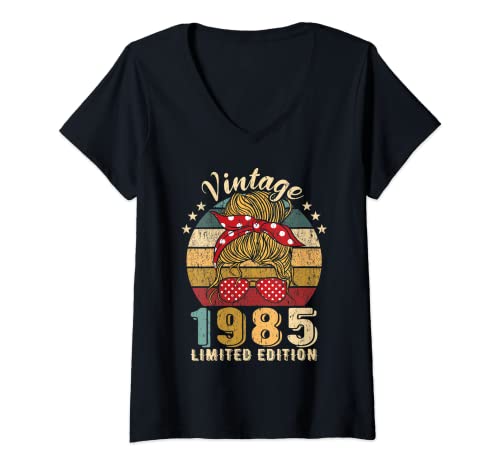 Damen Vintage 1985 Frau und Mädchen Geboren 1985 T-Shirt mit V-Ausschnitt von Geburtstagsgeschenk Frauen Vintage Jahrgang 1985