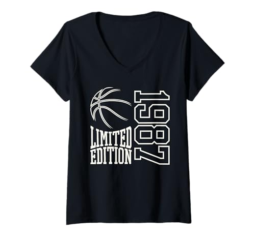 Damen Geboren 1987 Herren Geburtstag Jahrgang 1987 Basketball T-Shirt mit V-Ausschnitt Damen Geboren 1987 Herren Geburtstag Jahrgang 1987 Basketball T-Shirt mit V-Ausschnitt von Geburtstagsgeschenk Mann Frau geboren in 1987