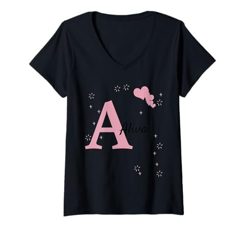 Damen Aliva Mädchen Name Vorname Frau Pink Geschenk Mode Outfits T-Shirt mit V-Ausschnitt von Geburtstagsgeschenk Partner Liebe Bruder Schwester
