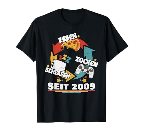 16 Geburtstag Junge Mädchen Essen Schlafen Zocken Seit 2009 T-Shirt 16 Geburtstag Junge Mädchen Essen Schlafen Zocken Seit 2009 T-Shirt von Geburtstagsgeschenk für Jungen und Mädchen Gamer